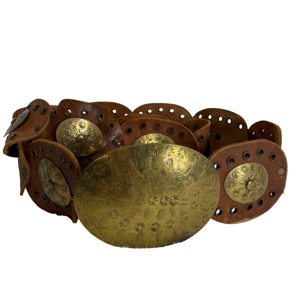 VTG Brown L Leather Link Belt Brass‎ Etched Medallion Oversized Buckle Boho